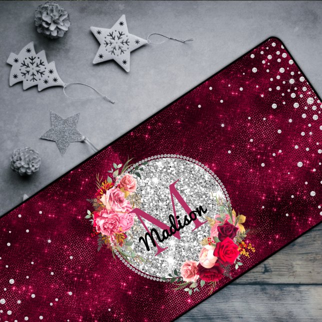 Chic faux Silver Glitter Burgundy Floral monogram Desk Mat (Creator Uploaded)