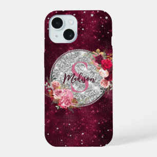 Chic faux Silver Glitter Burgundy Floral monogram iPhone 15 Case