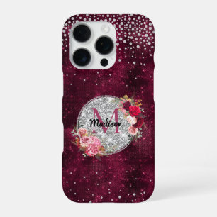 Chic faux Silver Glitter Burgundy Floral monogram iPhone 16 Pro Case