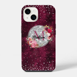 Chic faux Silver Glitter Burgundy Floral monogram iPhone 14 Case