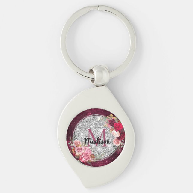 Chic faux Silver Glitter Burgundy Floral monogram  Key Ring (Front)