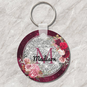 Chic faux Silver Glitter Burgundy Floral monogram Key Ring