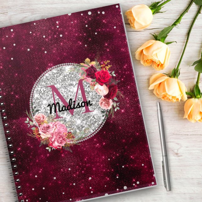 Chic faux Silver Glitter Burgundy Floral monogram Notebook (Creator Uploaded)