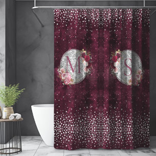Chic faux Silver Glitter Burgundy Floral monogram Shower Curtain