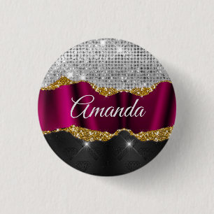 Chic faux silver glitter Fuchsia black monogram 3 Cm Round Badge