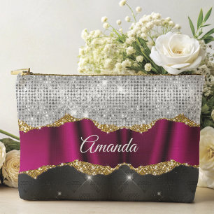 Chic faux silver glitter Fuchsia black monogram Accessory Pouch