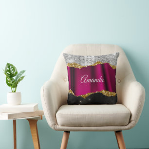 Chic faux silver glitter Fuchsia black monogram Cushion