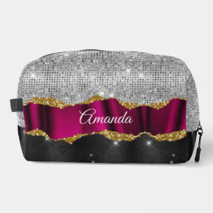 Chic faux silver glitter Fuchsia black monogram Dopp Kit