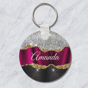 Chic faux silver glitter Fuchsia black monogram Key Ring