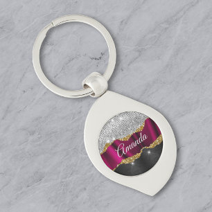 Chic faux silver glitter Fuchsia black monogram Key Ring