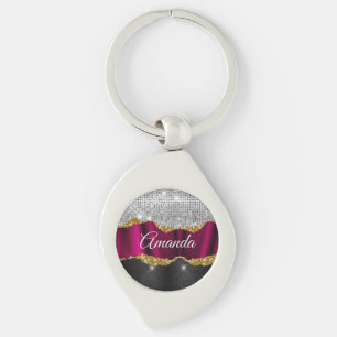 Chic faux silver glitter Fuchsia black monogram Key Ring