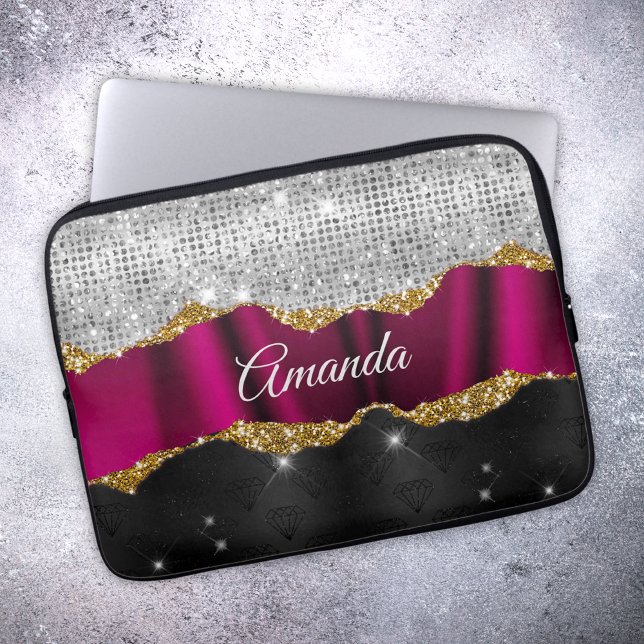 Chic faux silver glitter Fuchsia black monogram Laptop Sleeve (Creator Uploaded)