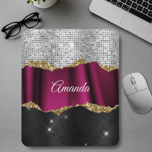 Chic faux silver glitter Fuchsia black monogram Mouse Pad