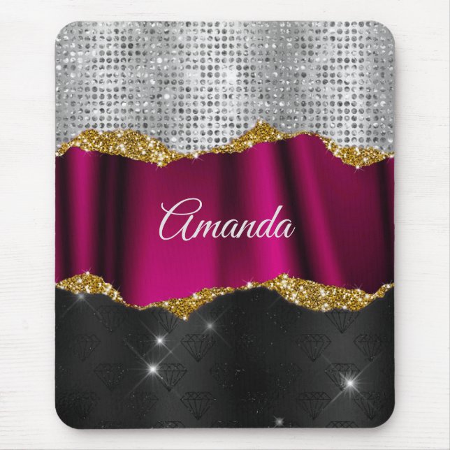 Chic faux silver glitter Fuchsia black monogram Mouse Pad (Front)