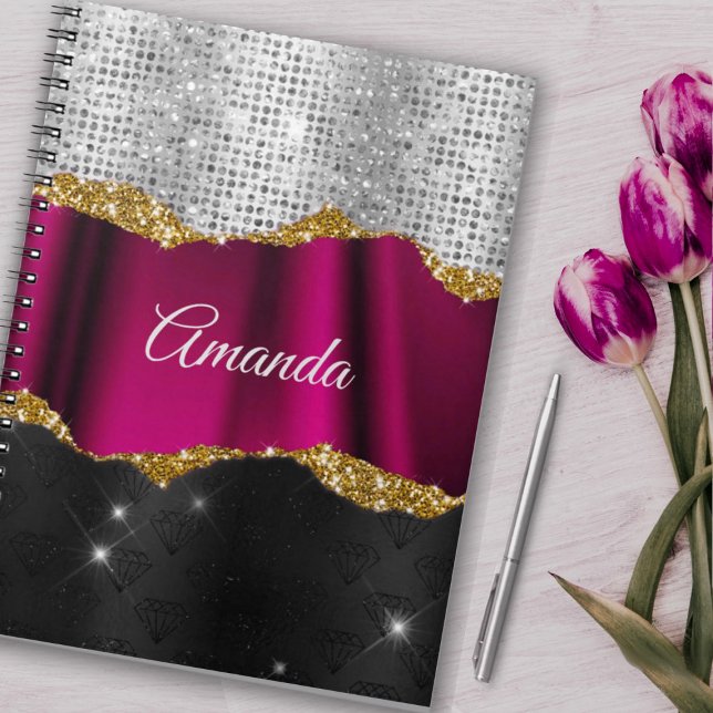 Chic faux silver glitter Fuchsia black monogram Notebook (Creator Uploaded)