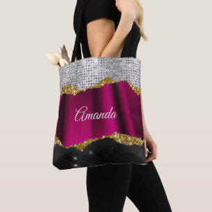 Chic faux silver glitter Fuchsia black monogram Tote Bag