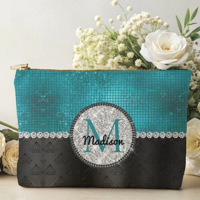 Chic faux Silver Glitter Turquoise Black monogram Accessory Pouch (Creator Uploaded)