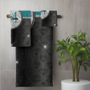 Chic faux Silver Glitter Turquoise Black monogram Bath Towel Set