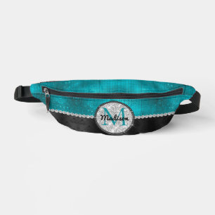 Chic faux Silver Glitter Turquoise Black monogram Bum Bags