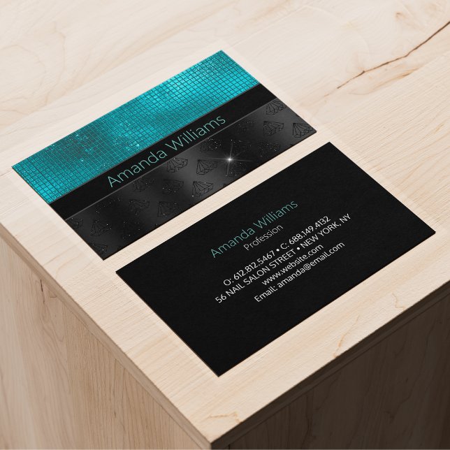 Chic faux Silver Glitter Turquoise Black monogram Business Card (Creator Uploaded)