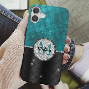 Chic faux Silver Glitter Turquoise Black monogram iPhone 16 Case