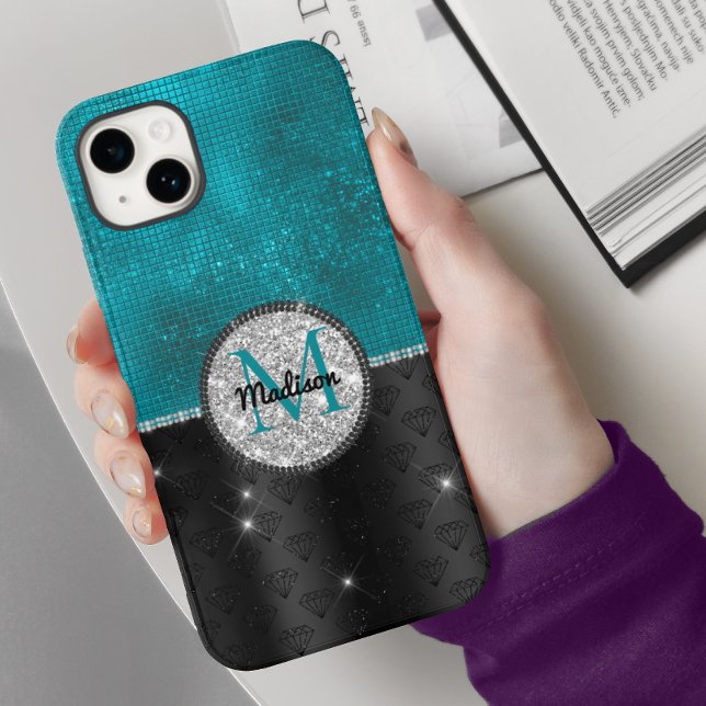 Chic faux Silver Glitter Turquoise Black monogram Case-Mate iPhone Case (Creator Uploaded)