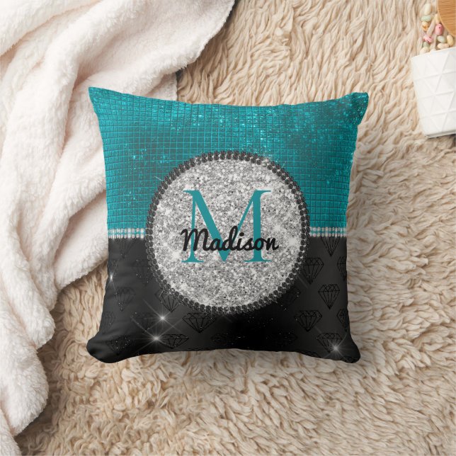 Chic faux Silver Glitter Turquoise Black monogram Cushion (Blanket)