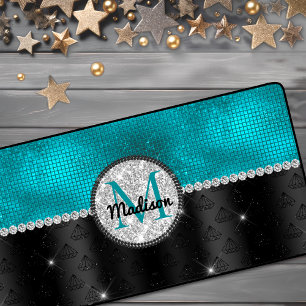 Chic faux Silver Glitter Turquoise Black monogram Desk Mat