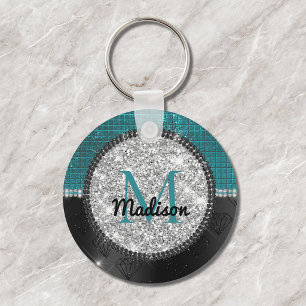 Chic faux Silver Glitter Turquoise Black monogram Key Ring