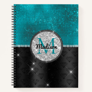 Chic faux Silver Glitter Turquoise Black monogram Notebook