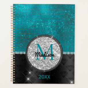 Chic faux Silver Glitter Turquoise Black monogram Planner