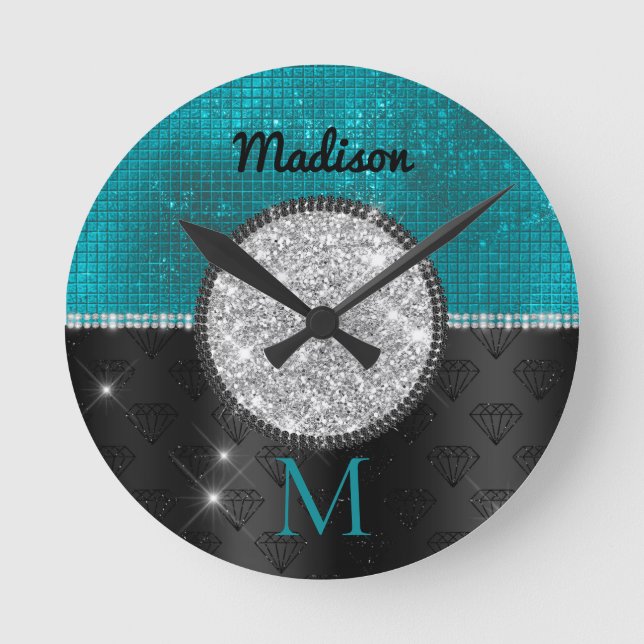 Chic faux Silver Glitter Turquoise Black monogram Round Clock (Front)