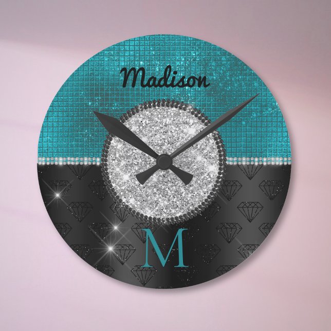 Chic faux Silver Glitter Turquoise Black monogram Round Clock (Creator Uploaded)