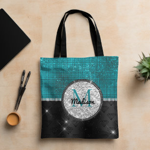 Chic faux Silver Glitter Turquoise Black monogram Tote Bag