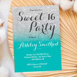 Chic faux silver glitter turquoise ombre Sweet 16 Invitation