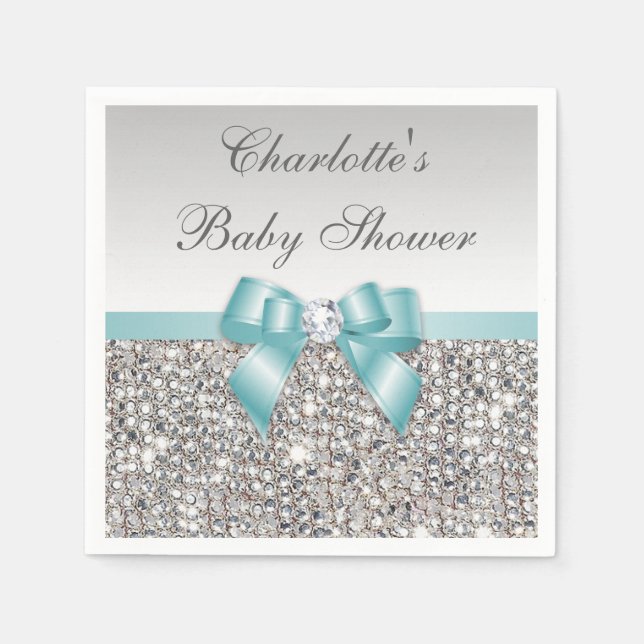Chic Faux Teal Bow Silver Sequins Baby Shower Napkin (Front)