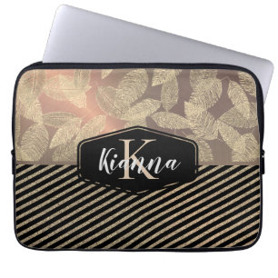 Chic Feathers with Gold Stripes Monogram Laptop Sleeve
