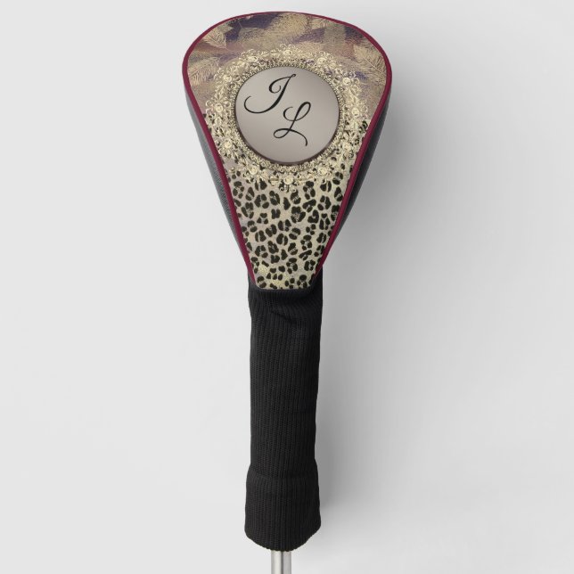 Chic Feathers with Leopard Print Monogram  Golf Head Cover (Front)