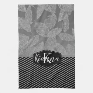 Chic Feathers with Silver Stripes Monogram Tea Towel