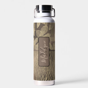 Chic Feathers with Zebra Print Monogram Water  Water Bottle