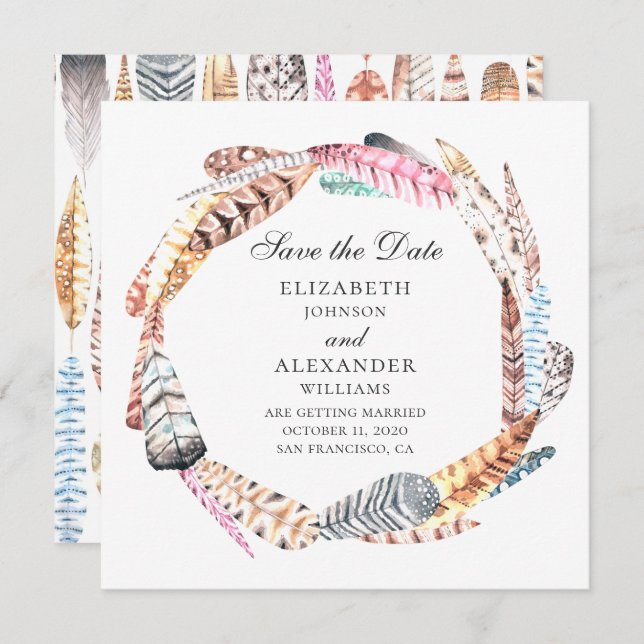 Chic feathers wreath. Boho wedding save the date Invitation (Front/Back)