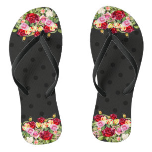 Chic Feminine Black Polka Dots and Roses Thongs