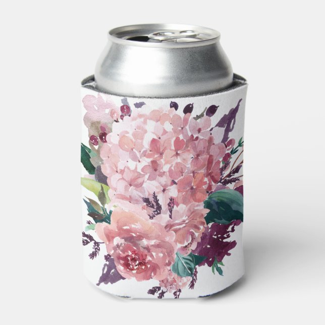 Chic Feminine Pink Watercolor Floral Can Cooler (Can Front)