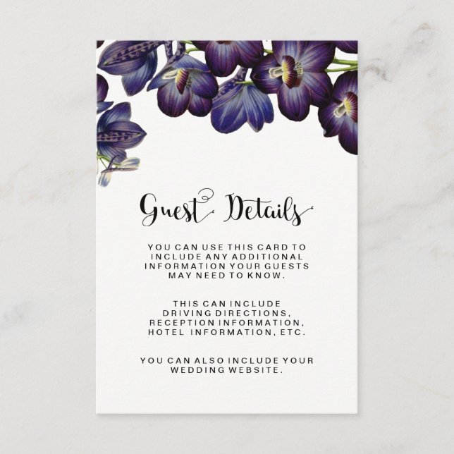 Chic Feminine Purple Floral Guest Details Wedding Enclosure Card (Front)