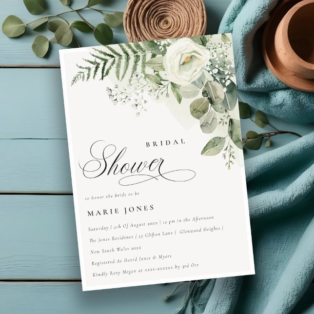Chic Fern Greenery White Floral Bridal Shower Invitation (Creator Uploaded)