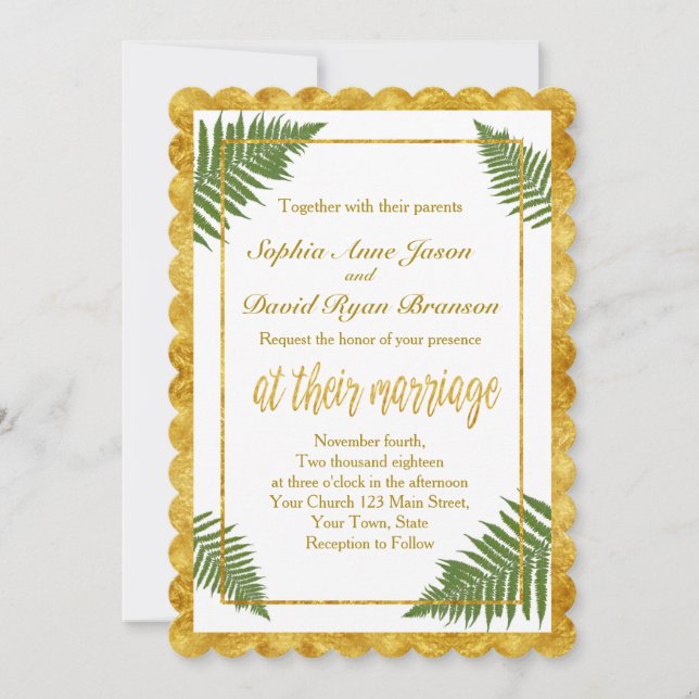 Chic Fern Leaves Gold Foil Wedding Invitation (Front)