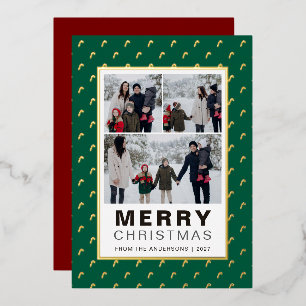 Chic Festive Candy Cane 3 Photo Family Christmas Foil Holiday Card