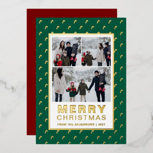Chic Festive Candy Cane 3 Photo Family Christmas Foil Holiday Card