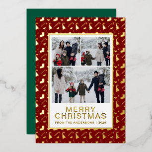 Chic Festive Candy Cane 3 Photo Family Christmas Foil Holiday Card
