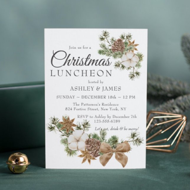 Chic Festive Cotton Pine Holiday Luncheon Party Invitation (Creator Uploaded)